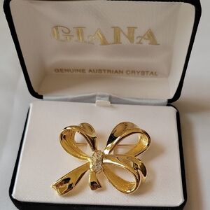 Gold Crystal Bow Brooch